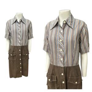 Vintage 1970s Brown & Blue Stripe Shirt Dress Button Up Front / Women’s Medium -